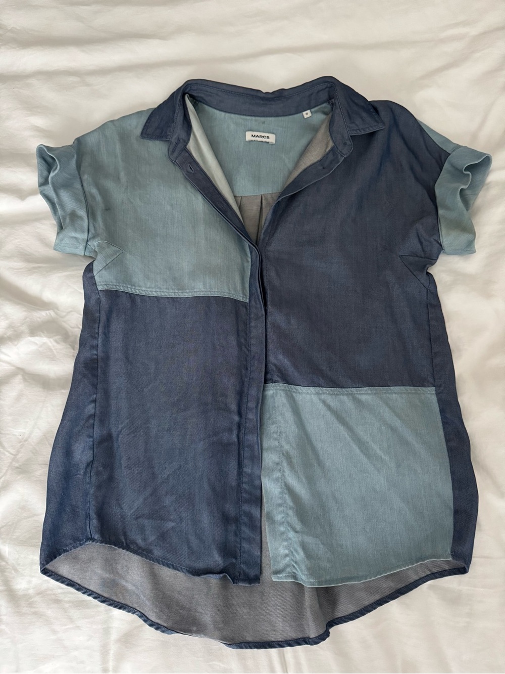 MARCS Two-Tone Navy and Light Blue Patchwork Short-Sleeve Button-Down